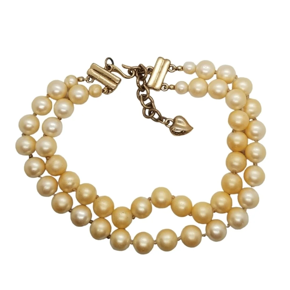 Vintage CAROLEE Double Strand Cream Pearl Choker | Antiqued Gold Heart Tag